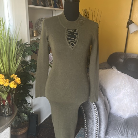 Olive Green Knit Dress with Lace-Up Detail - Picture 2 of 9